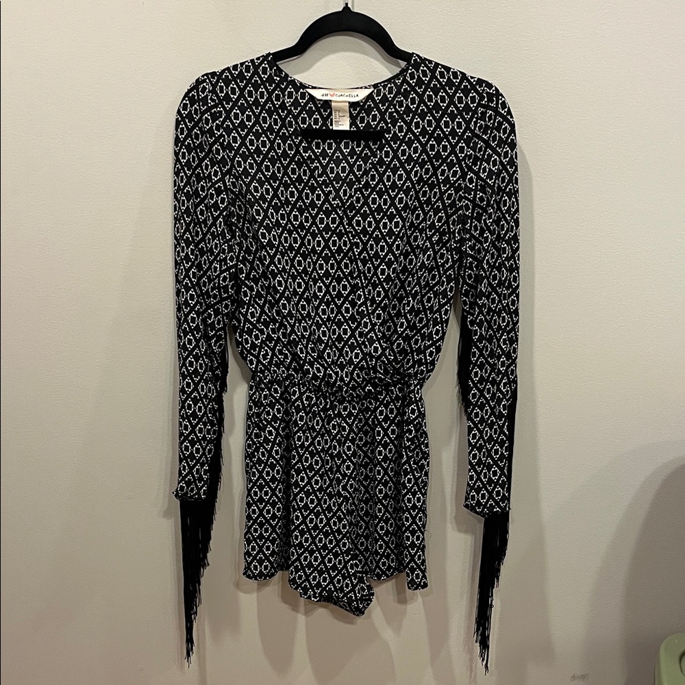 H&M x Coachella Black White Romper Long Fringe Sleeve